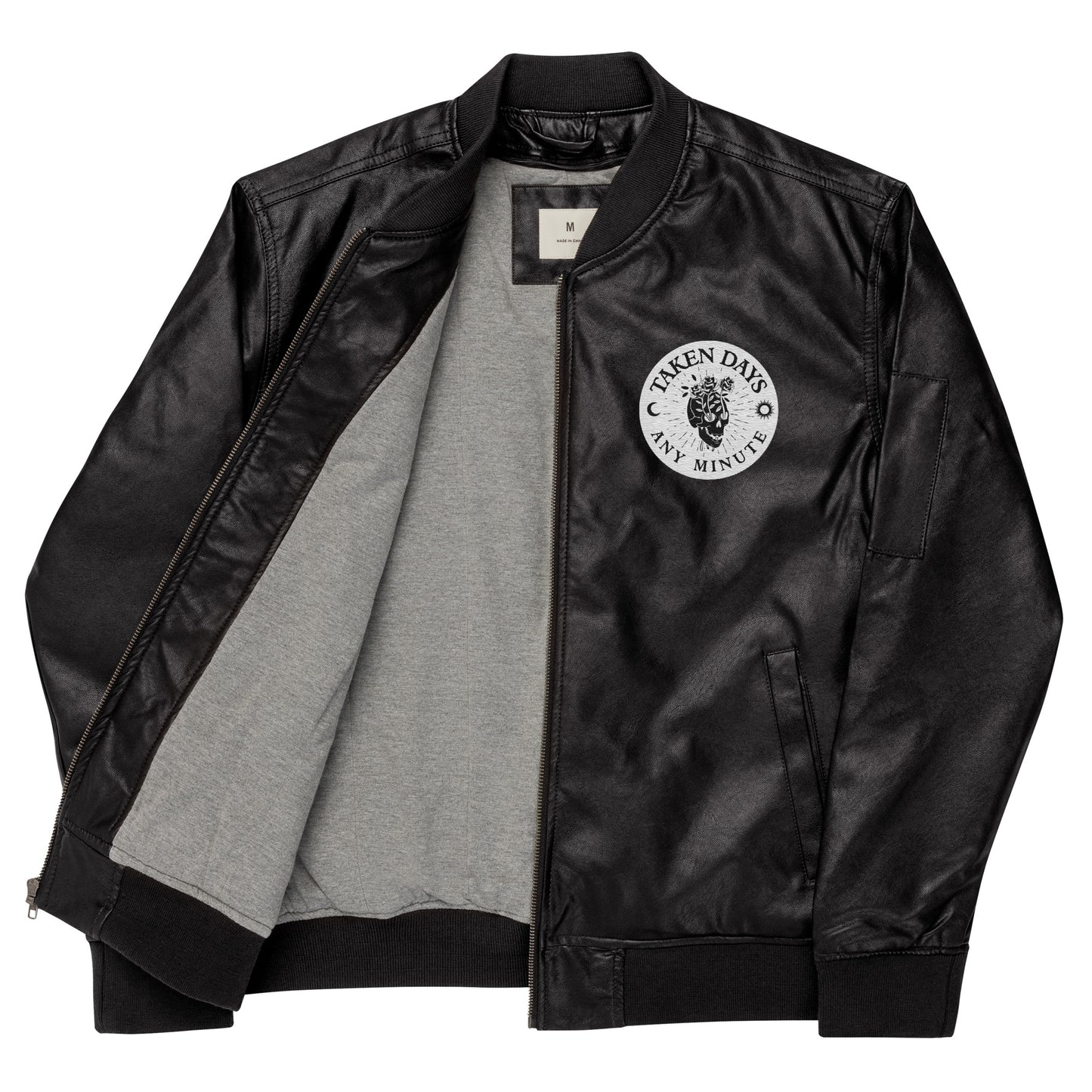 Any Minute Embroidered Faux Leather Bomber Jacket