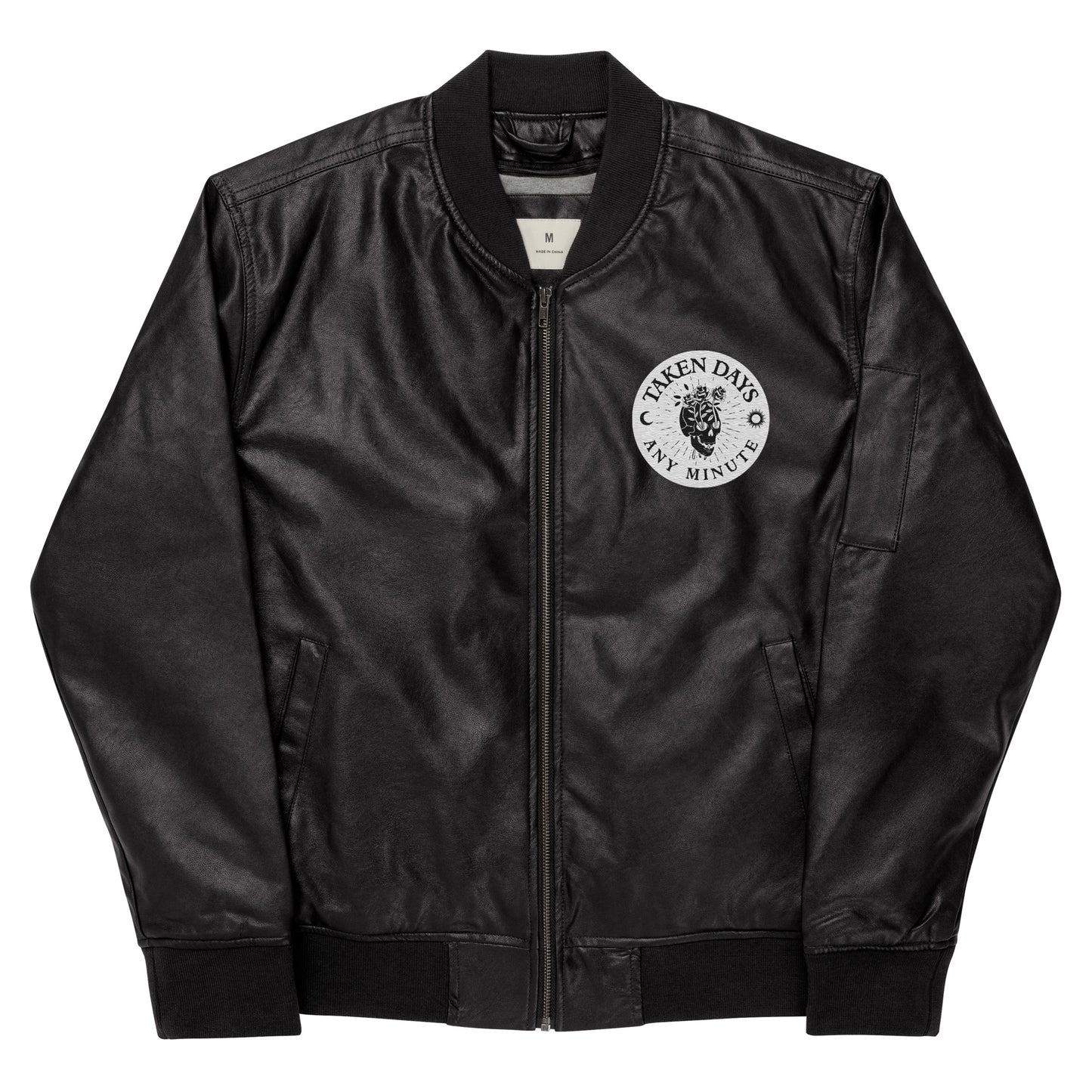 Any Minute Embroidered Faux Leather Bomber Jacket